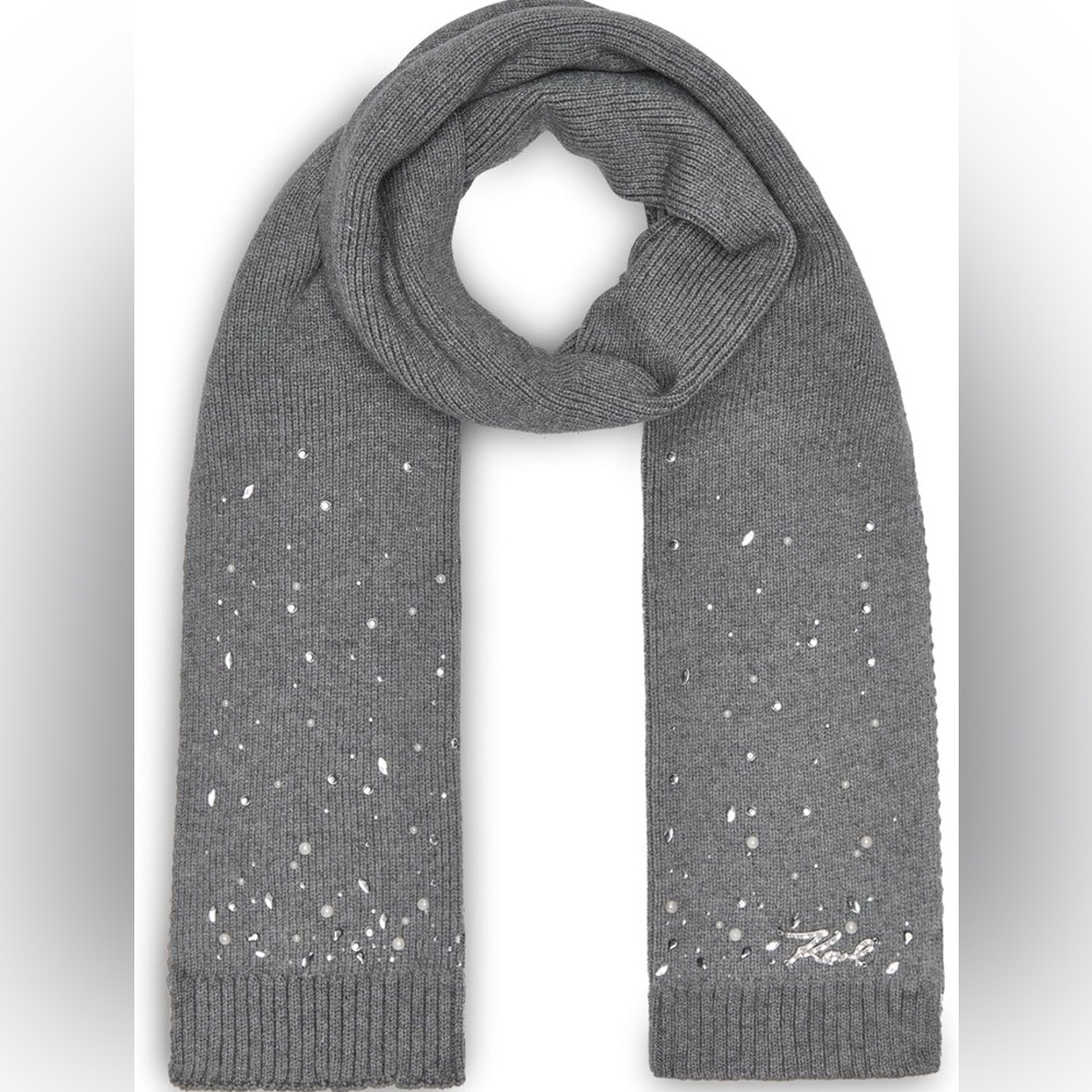 NWT - KARL LAGERFELD Crystal and Pearl Studs Fashion Scarf - Gray